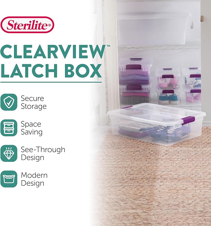 Sterilite 12-Pack 32 Quart ClearView Latch Box, Stackable Organizer Bins with Latching Lids - Clear Plastic Organization Containers for Closet, Bedroom, Shelving Units and Everyday Home Storage - Image 3