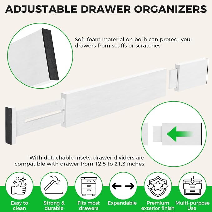 4 Pack Bamboo Drawer Dividers Organizer with Inserts 2.6'' High, Expandable from 12.5-21.7", Adjustable Drawer Organizer Separators for Utensils, Clothing, Office, Dresser, Bedroom, (White) - Image 3