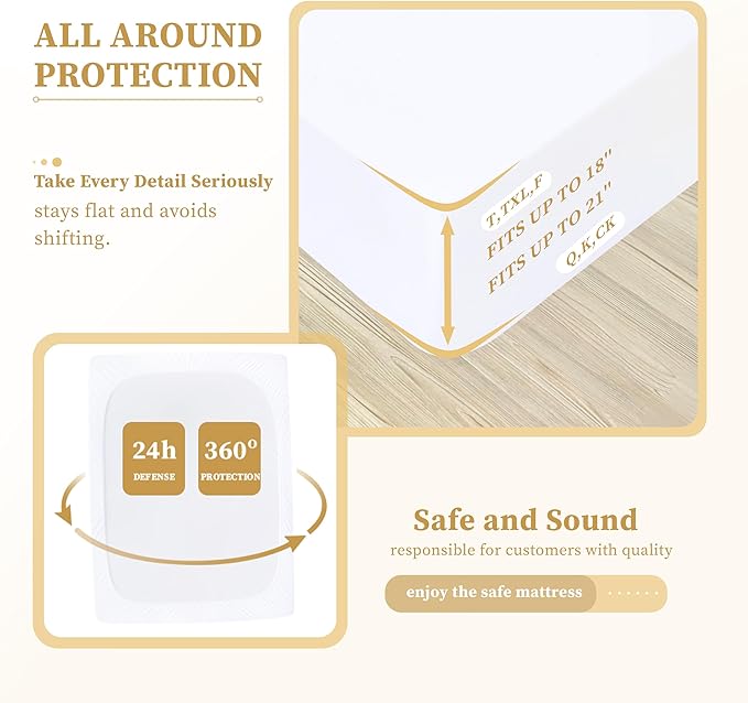 Safe and Sound Waterproof Mattress Protector, 2 Pack King Size Premium Mattress Cover, Noiseless Breathable Soft, Fitted Deep Pocket 8-21 Inch Bed Cover, Machine Washable