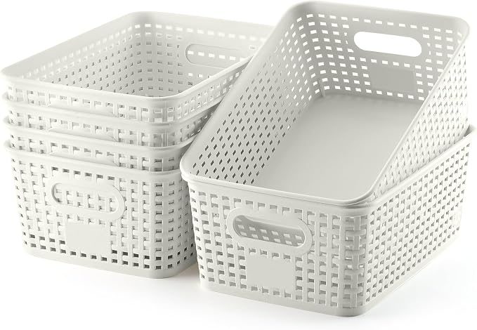 Plastic Storage Baskets 6 Pack Sturdy Storage Organizer Basket Woven Plastic Storage Bins for Shelves,Closet,Countertops, Desktops, Cabinets and Badrooms,Saving Storage, Stylish Design,White by NUMIFUN