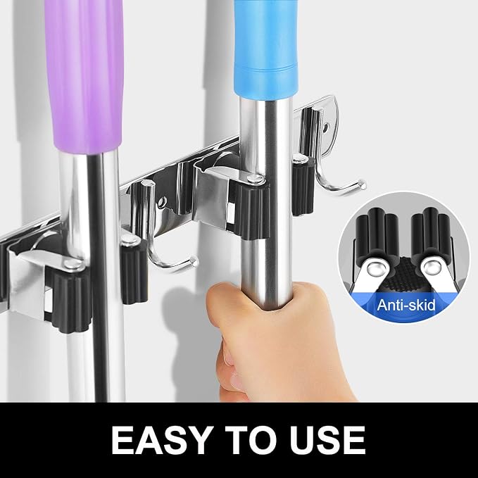 IMILLET Broom and Mop Holder Wall Mounted, Stainless Steel Broom Holder Mop Holder Self Adhesive Heavy Duty Hooks Storage Organizer for Home Laundry Room Garden Garage（3 Racks with 4 Hooks） - Image 5