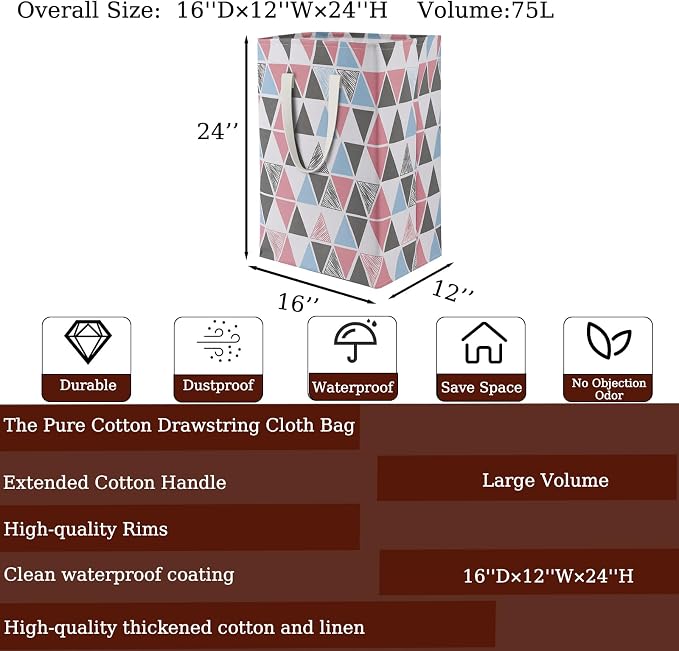 75L Waterproof Laundry Hamper Collapsible Laundry Basket Cotton Handle Laundry Bag Large Clothes Storage Toy Organization for Bathroom Bedroom Laundryroom College Dorms - Image 2