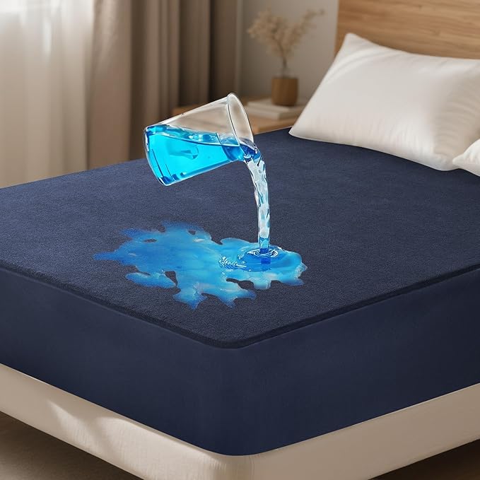 OhGeni 100% Waterproof Mattress Protector, Twin Navy Blue Size, 6''-14'',Fitted Sheet with Deep Pockets, Premium Noiseless Breathable Soft Hypoallergenic Material, Mattresses Cover for Bed