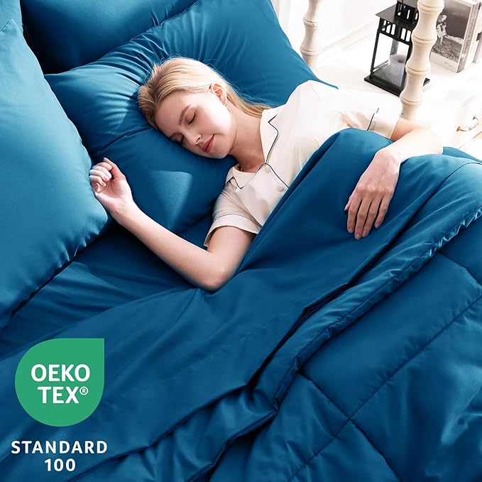 CozyLux Queen Comforter Set Teal, 7 Pieces Bed in a Bag, Teal Comforters Queen Size, All Season Bedding Sets with Stitch Quilted Comforter, Flat Sheet, Fitted Sheet, Pillowcases