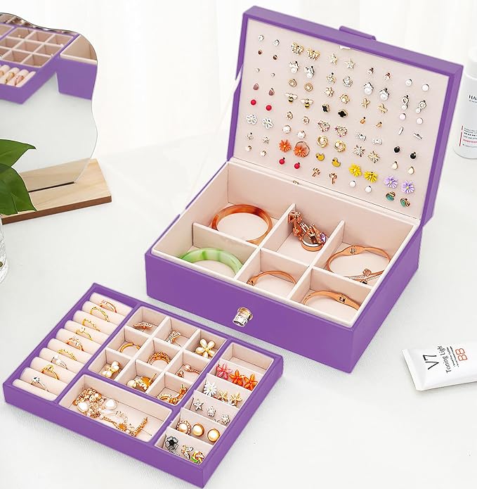 QBestry Girls Jewelry Box for Earrings Jewelry Organizer Box Teen Girls Earrings Organizer Jewelry Box with Earring Holder Organizer Stud Earring Box for Girls Womens Jewelry Case Organizer Purple - Image 3