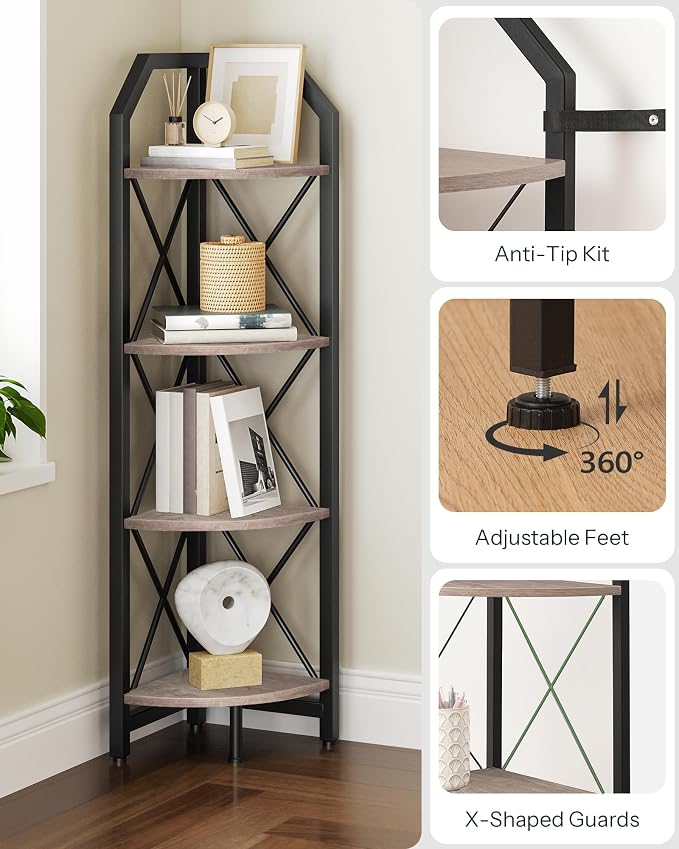 CHOEZON 4-Tier Corner Shelf, Industrial Corner Bookshelf, 47.6" Corner Storage Stand, Plant Stand Display Shelf, Corner Bookcase for Bedroom, Living Room, Home Office, Greige and Black TCJ09BG - Image 4