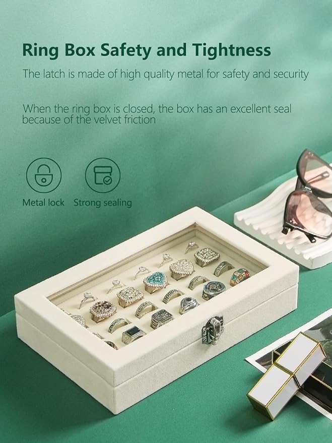 Ring Holder Organizer Box,Jewelry Ring Display Case, Earring Necklace Storage Tray With Top Glass Lid (Beige, 30 Slots Ring) - Image 3