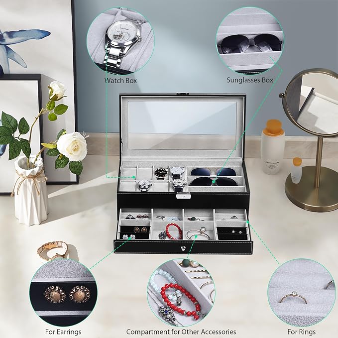 TomCare Watch Box Watch Case Jewelry Organizer Holder Jewelry Display Box Case Sunglasses Storage Organizer Lockable with Glass Top and PU Leather for Men Women, Black - Image 4