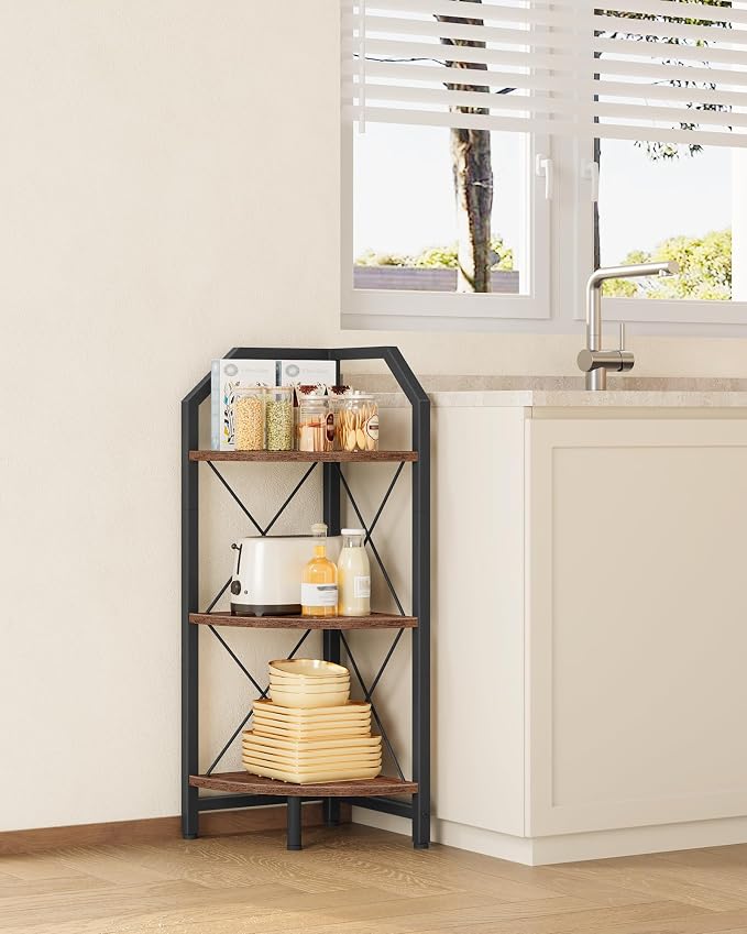 CHOEZON 3-Tier Corner Shelf, Industrial Corner Bookshelf, 35.4" Storage Stand, Plant Stand Display Shelf, Bookcase for Bedroom, Living Room, Home Office, Rustic Brown and Black TCJ03BF by Choezon