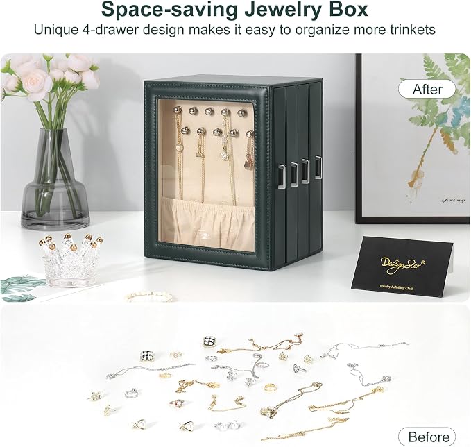 DesignSter Jewelry Box Organizer, Jewelry Box for Women, PU Jewelry Organizer Display Case with Side Drawers, Jewelry Storage for Earring Necklace Ring Bracelet Watch - Image 5