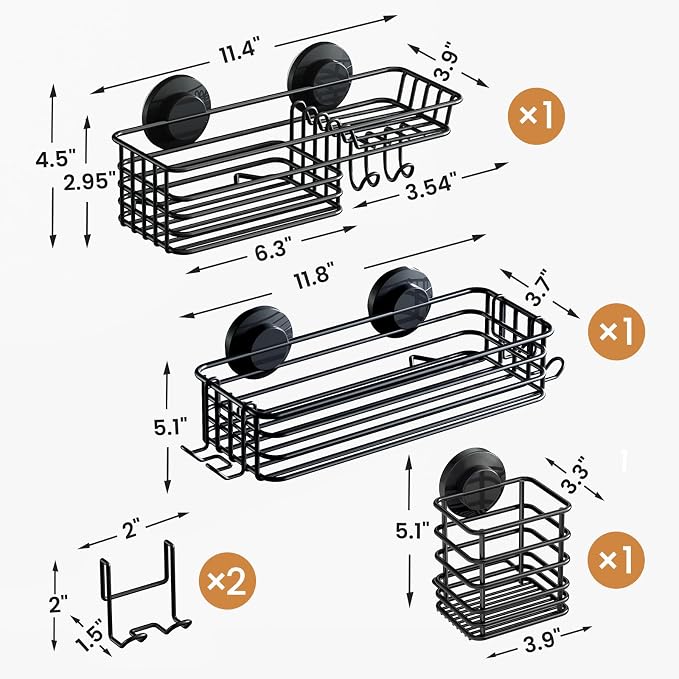 LEVERLOC Shower Caddy Suction Cup, 3 Pack Heavy Duty Bathroom Organizer for Inside Shower with Hooks & Soap Holder, Removable Bathroom Organizer, Rustproof Black Holder Storage Black - Image 3