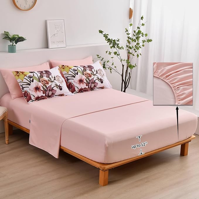 Luxudecor Floral Comforter Set Queen Size 7 Piece, Blush Flower Bed in a Bag, Elegant Floral Comforter with Sheet Set, Soft Microfiber Bedding Set for All Season (Blush, 90"x90")