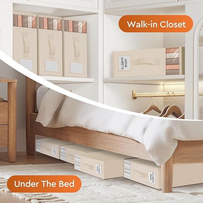 StorageTastic 6 Pack Bed Sheet Closet Organizers and Storage,Sturdy Foldable Storage Containers with Window and Label,Storage and Organization for Bedding Sheets,Duvet Covers,Blankets (Beige) - Image 6