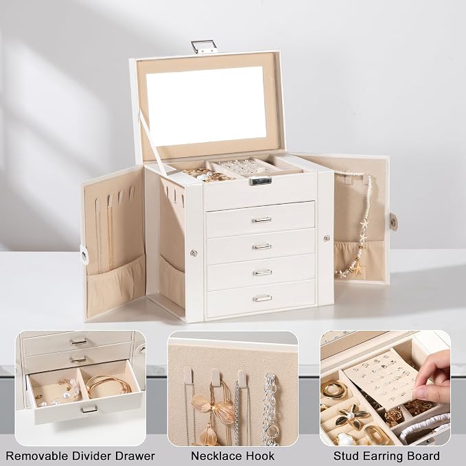 Frebeauty 5-layer Jewelry Box,Faux Leather Jewelry Organizer with 4 Drawers,Jewelry Organizers and Storage with Mirror,Jewelry Holder Organizer for Necklace,Jewerly Boxes for Women Girls(Grey) - Image 5