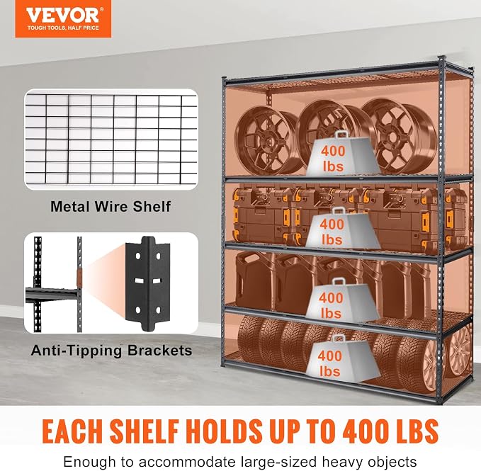 VEVOR Storage Shelving Unit, 5-Tier Adjustable, 2000 lbs Capacity, Heavy Duty Garage Shelves Metal Organizer Wire Rack, Black, 60" L x 24" W x 78" H for Kitchen Pantry Basement Bathroom Laundry Closet - Image 4