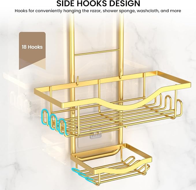 Shower Caddy Hanging Adjustable Shower Caddy, Rustproof Shower Organizer Extended Length Showers Caddy Over Shower Head with Hooks Soap Holder, Large Capacity Anti-Swing Bathroom Organizer, Gold - Image 9