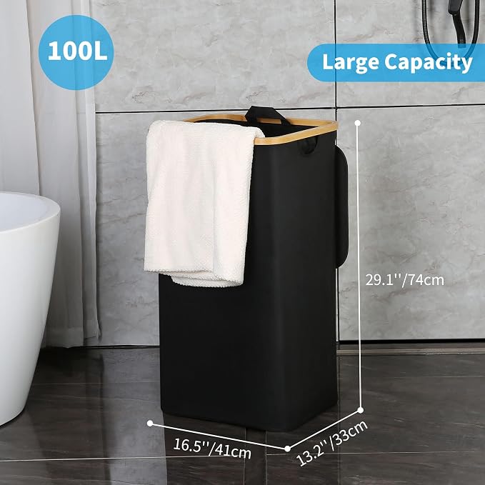 efluky 100L Laundry Basket with Lid and Net Bag, Tall Laundry Hamper with Bamboo Handles, Aesthetic Dirty Clothes Bin for Laundry Room, Bathroom, Bedroom and Dorm, Black - Image 2