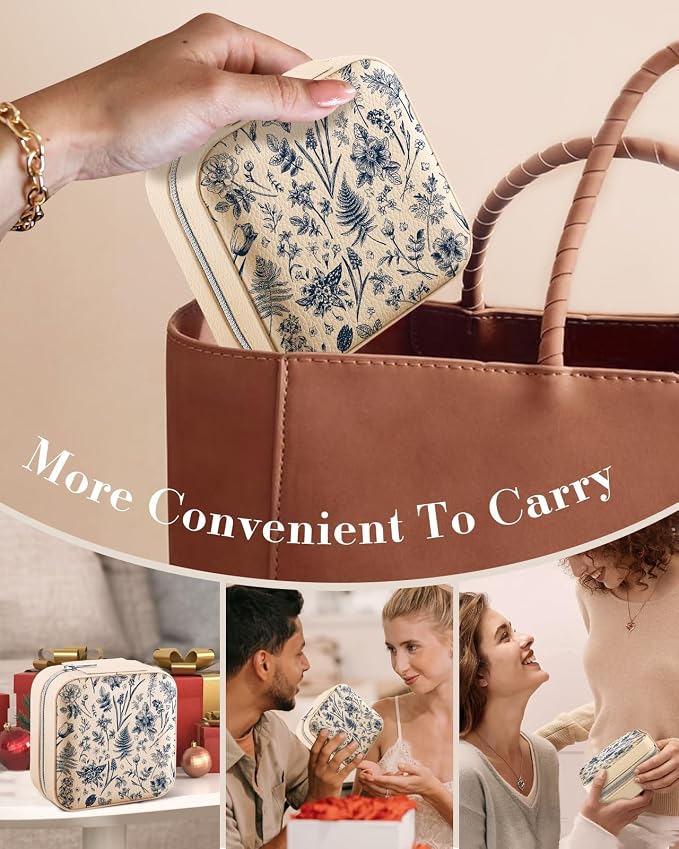 Bistup Travel Jewelry Case - Small Jewelry Organizers and Storage Box for Women Girls Teens Cute Traveling Jewelry Holder with Mirror Little Tiny Compact Modern Unique Aesthetic Pretty, Blue Floral - Image 6