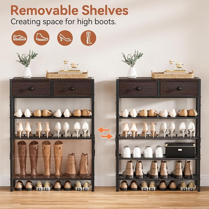Shoe Rack for Entryway, 5 Tier Shoe Organizer with 2 Non-Woven Drawers, Metal Storage Shoe Shelf for 16-20 Pairs of Shoes, with Wooden Top and Steel Frame, Shoe Stand for Closet Dark Brown - Image 7