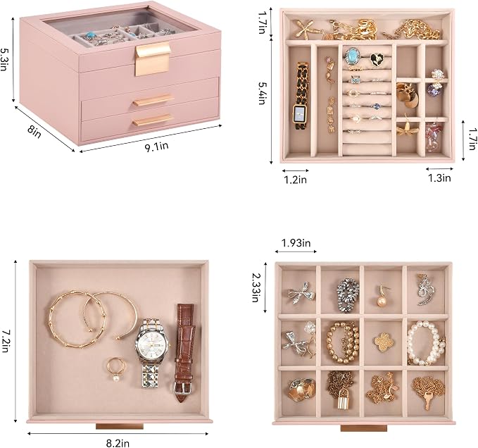 Somduy Jewelry Box Organizer for Women,3 Layers Jewelry Storage Display Box with Glass Lid,Gift for Christmas,3 Drawers,Large Capacity for Necklace Earrings Bracelets Rings,Pink - Image 3