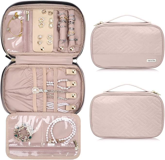 Jewelry Travel Case Organizer for Necklaces, Earrings, Rings, Bracelet, Watch, Soft Sided, Pink by TBTOTRA