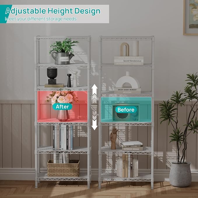 SINGAYE 6 Tier Shelf Adjustable Storage Wire Shelving Unit Metal Shelves Standing Closet Bathroom Organizers Pantry Kitchen Garage Laundry Room Organization Home Rack 12" D X 22" W X 69.5" H White - Image 4