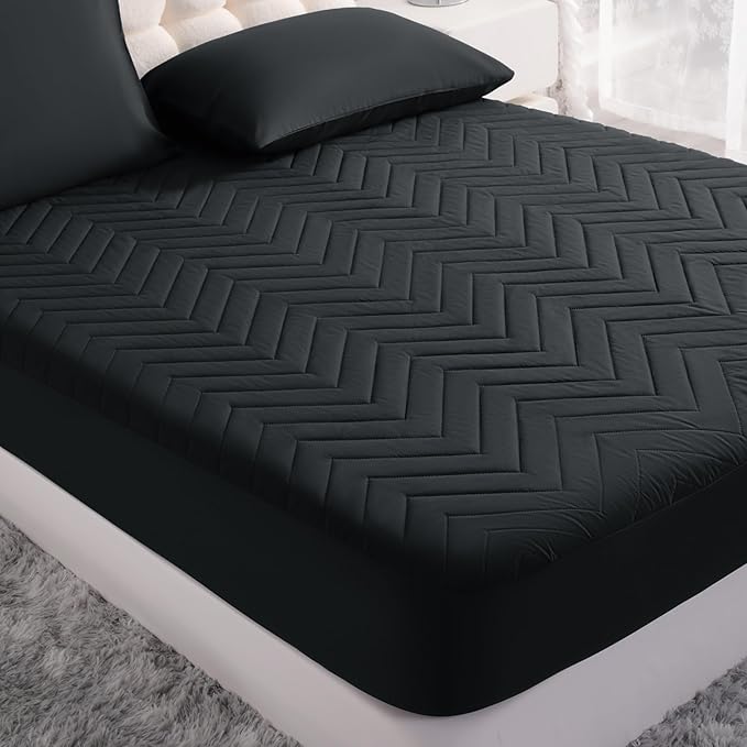 1 Pack Waterproof Mattress Protector, Quilted Mattress Pad with 15 Inch Deep Pocket, Soft Breathable Microfiber Surface, Machine Washable Bed Mattress Cover, Black