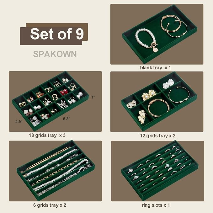 SPAKOWN Jewelry Drawer Organizer Inserts Set of 9, Jewelry Trays for Drawers Velvet Jewelry Organizer Tray Drawer Jewelry Organizers and Storage for Earring Ring Necklace Watch Bracelet (Green) - Image 3