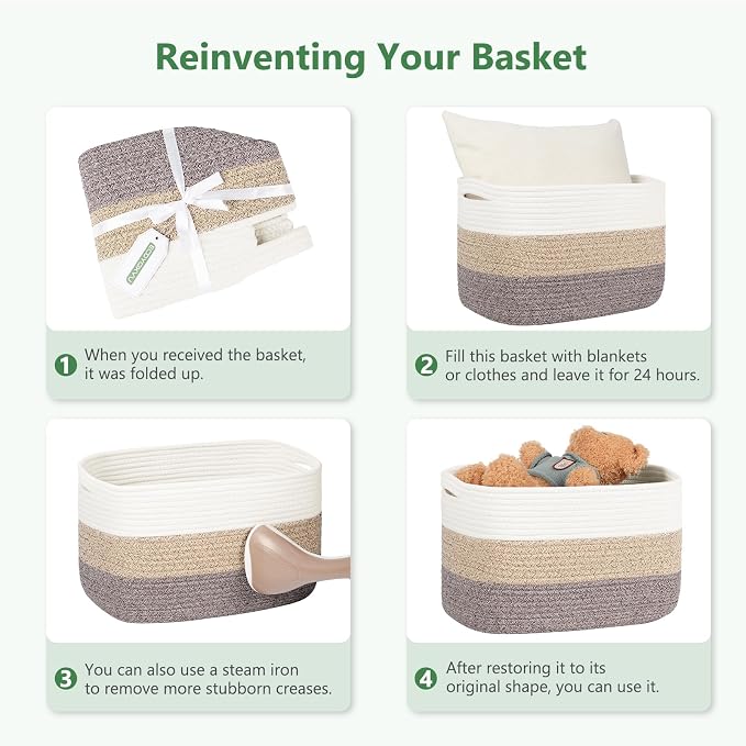 ECDYQXVU Cotton Rope Basket, Storage Baskets with Handle, 15x10x9 Inch Woven Basket for Shelves, Laundry, Towels, Clothes, Books (White 1Pack) - Image 4
