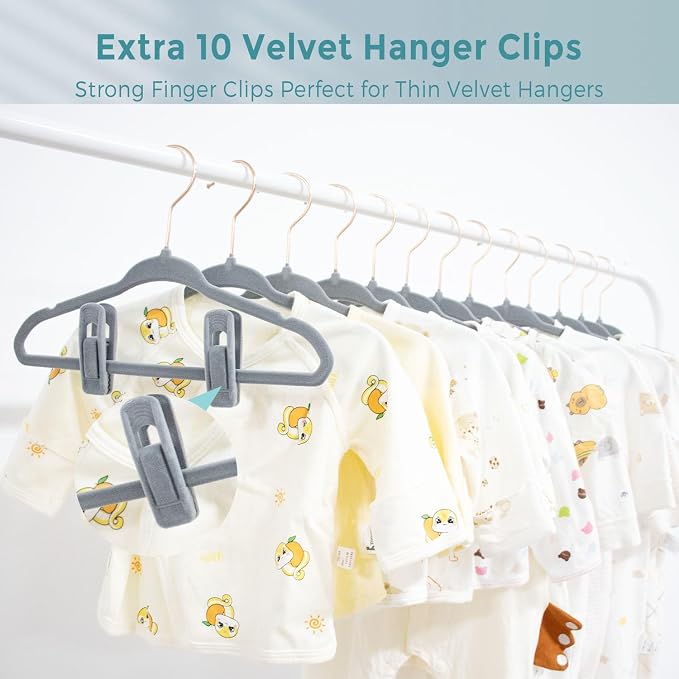 Tonswachic Baby Velvet Hangers 50 Pack - 11 Inch Non-Slip Felt Kids Hanger for Newborn Clothes - Small Toddler Child Hangers Durable for Every Use - 10 Hanger Clips Included, Gray - Image 6