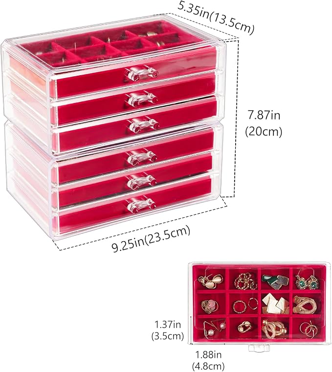 Lolalet Earring Holder Organizer Box Jewelry Storage with 6 Drawers, Clear Acrylic Stackable Earring Case with Adjustable Velvet Trays for Women on Dresser Vanity -Red, 6 Layers - Image 4
