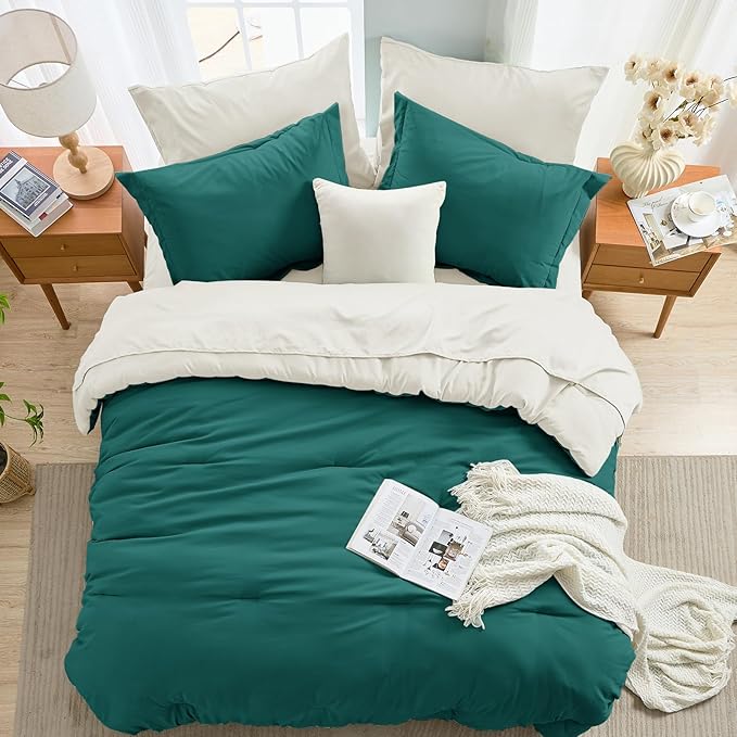 MUXHOMO 7 Pieces Queen Comforter Set, Soft Bed in a Bag Queen Size, All Season Bedding Set with Comforter, Flat Sheet, Fitted Sheet, Pillowcases & Shams, Peacock Blue & Ivory