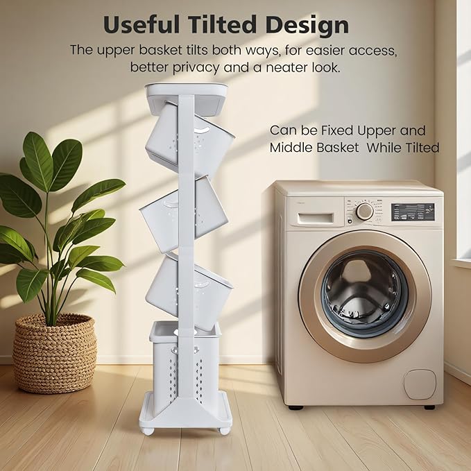 BAOKALER 4-Tier Laundry Hamper Sorter, Vertical Rolling Laundry Baskets with Wheels Removable, Stackable Laundry Cart Organizer and Storage for Small Space, Dorm, Closet, Bathroom - Image 6