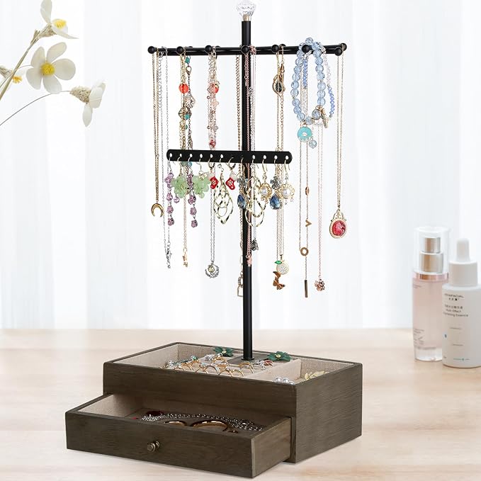 Meangood Jewelry Organizer Stand, 3-Tier Necklace Holder Jewelry Tree with Wooden Storage Drawer Box for Necklace Bracelet Earring Ring, Walnut by Meangood