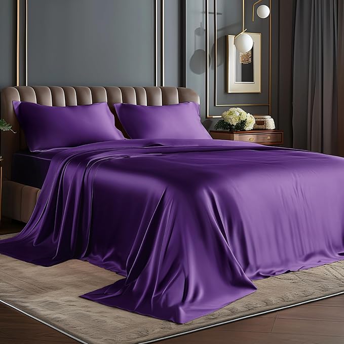 BEDELITE California King Sheets Set, Luxury Soft Plum Purple Satin Sheets for Hair and Skin, Similar to Silk Bed Sheets Set 4 Pieces with 1 Deep Pocket Fitted Sheet, 1 Flat Sheet, and 2 Pillowcases