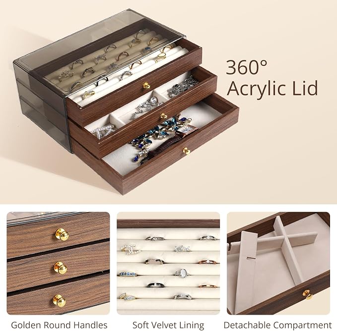 CLUQMEIK 3-layer Wooden Drawer Jewelry Organizers and Storage Box with Grey Acrylic Lid and Velvet Lining, Jewelry Box for Women and Girls to Store Rings Earrings Bracelets Necklaces - Image 5