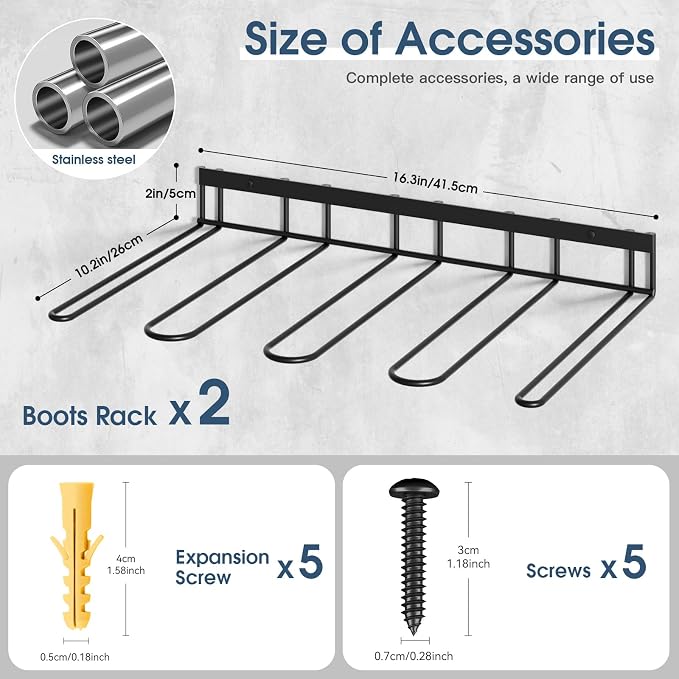 zacurter Boot Rack, Wader Hangers for Boot, Metal Wall Mounted Shoe Rack, 4 Pair Boot Organizer Rack for Tall Boots and Cowboy Boot, Boot Trays for Entryway,Garage (2 Pack), black - Image 5