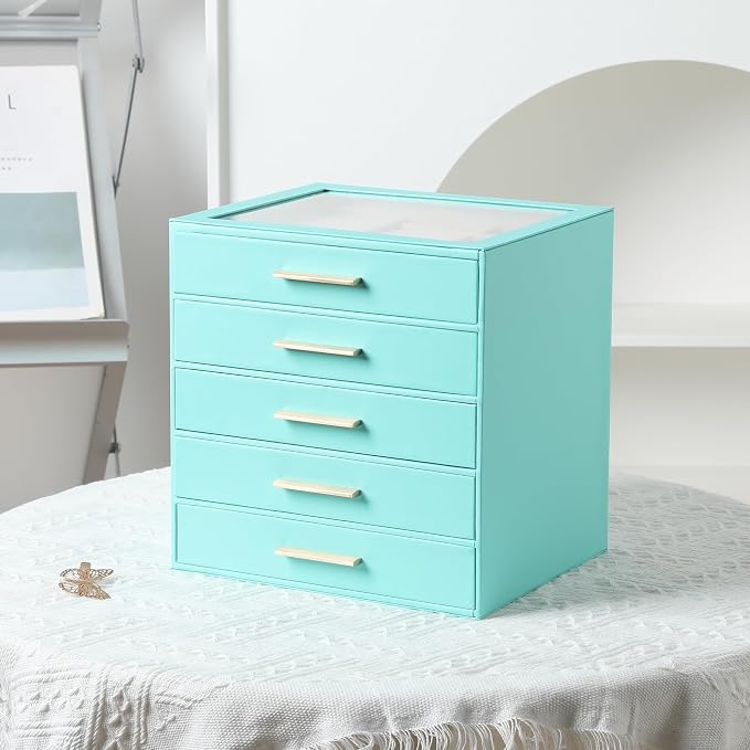 Frebeauty Clear Lid Jewelry Box,5-Layer Jewelry Organizer with Drawer,PU Leather Jewelry Organizers and Storage,Jewelry Boxes for Women,Jewelry Storage for Rings Earring Stud,Gift for Women(Turquoise) - Image 6