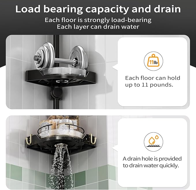 360° Rotating Shower Caddy Tension Pole, 4 Tiers Corner Shower Organizer for Bathroom Shelf Bathtub, Adjustable Standing Shower Rack Bathroom Accessories, Easily Assemble, 34-124 Inch Height, Black - Image 5