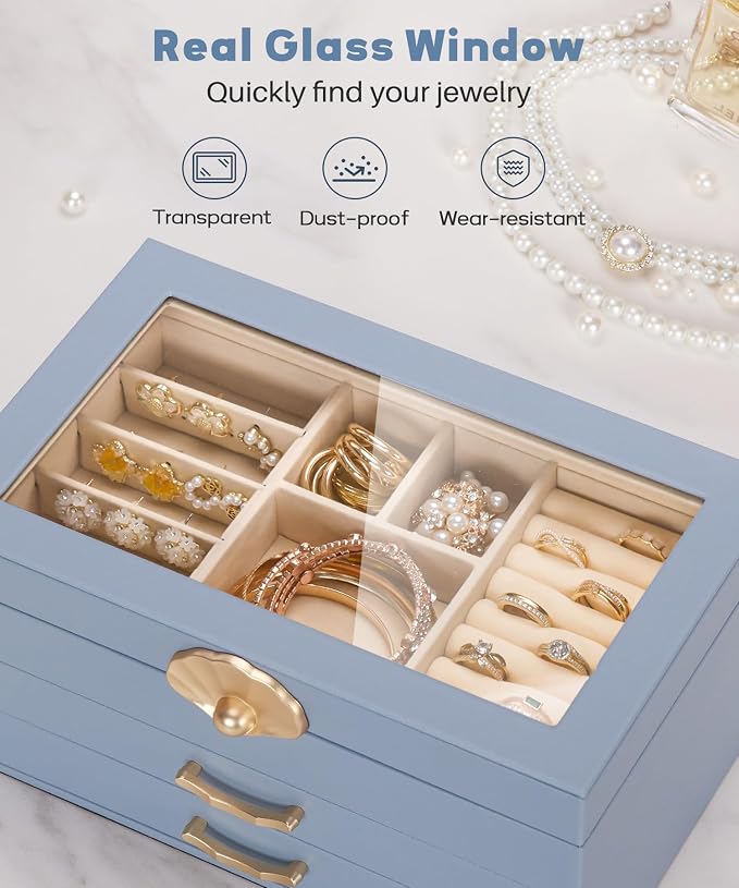 Enthralite Jewelry Box with 2 Drawers: Jewelry Display Organizer for Earrings Necklaces - Gifts for Girls Women (Grey Blue) - Image 4