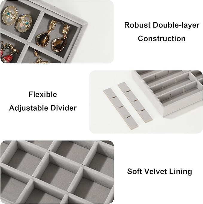 Frebeauty 24 Grid Earring Holder Organizer Tray, Jewelry Organizers and Storage for Drawer,Velvet Jewelry Display Storage for Earrings,Rings,Studs,10.5 x 6.5 x 1.2 Inches Gift for Women (Grey) - Image 4
