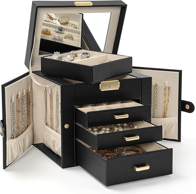 AKOZLIN 4-Tier Jewelry Box Leather Jewelry Storage Organizer with 3 Drawers Lockable for Women Girls Ring Necklace Earring Bracelet Holder with Mirror Black - Image 8