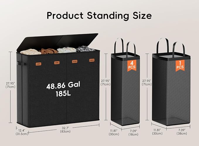 Laundry Hamper 4-Section with Lid, 185L Laundry Sorter with 4 Removable Bags + 1 Extra Large Bag, Switchable 3/4 Compartment, Laundry Basket Organizer for Bedroom, Laundry Room，Black - Image 6