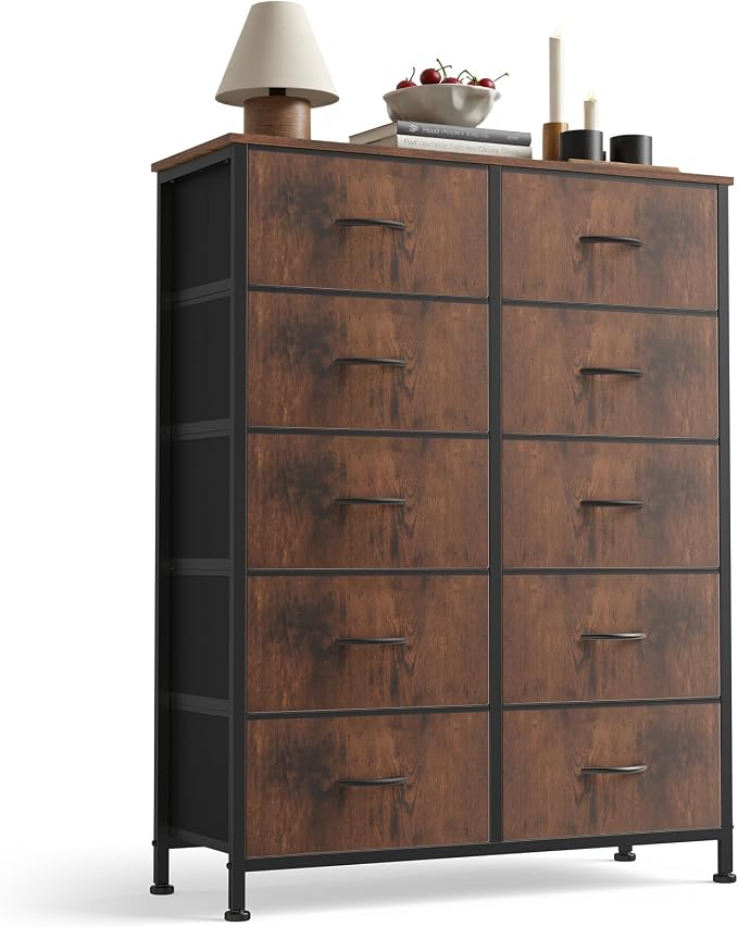 Sweetcrispy 10 Drawer Dresser, Tall Fabric Dresser for Bedroom, Storage Tower with Bins Chest Organizer Unit for Closet, Hallway, Steel Frame Wood Top, Easy Pull Handle, Rustic Brown by Sweetcrispy