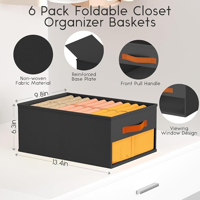 Homsorout Drawer Organizers and Storage - 6 Pack Foldable Pants Organizer with Clear Window & Handles, Fabric Closet Organizer for Clothes, Jeans, Sweaters, Towels, T-shirt, Scarf (Black) - Image 3