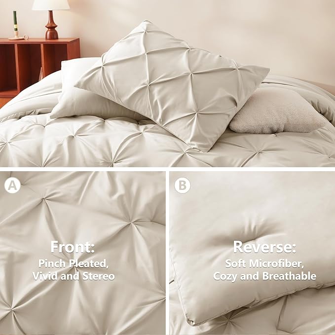 CozyLux Oversized Queen Comforter Sets Beige, 7 Pieces Oversized Queen Pintuck Bed in A Bag, Pinch Pleat Bedding Sets with All Season Comforter, Flat Sheet, Fitted Sheet, Pillowcases & Shams