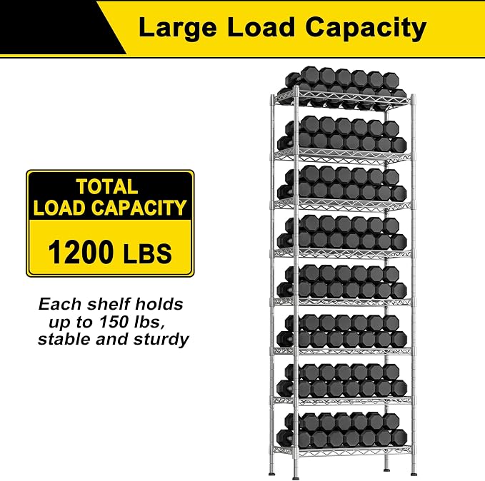 GIOTORENT 8-Wire Garage Shelving Storage Shelves, Kitchen Storage Adjustable Shelf, Metal Shelves 1600Lbs Capacity 24" W x 14" D x 72.2" H for Laundry Bathroom Pantry Closet, Silver - Image 5