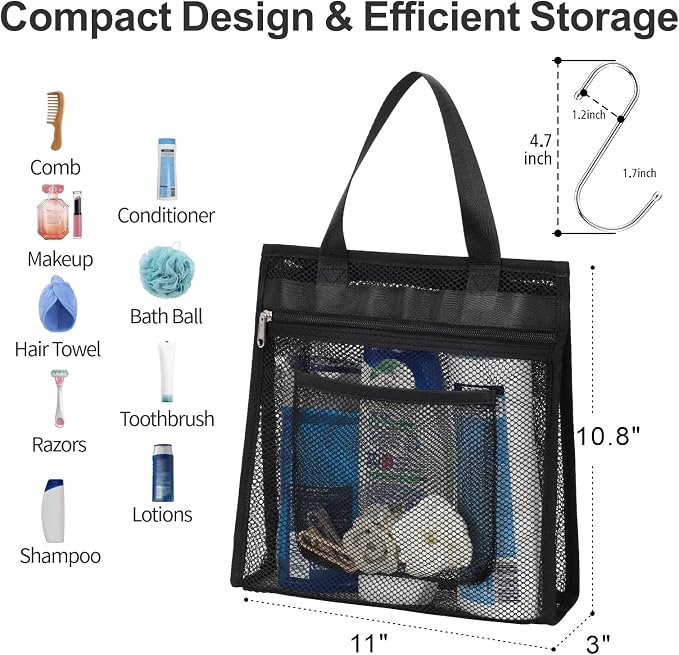F-color Mesh Shower Caddy Portable Hanging - 3 Pockets Small Shower Bag Tote with Zipper Closure for Camping, Gym Lockers, Travel, Toiletry, Quick Dry Bathroom Essentials with S Hook, Black - Image 3