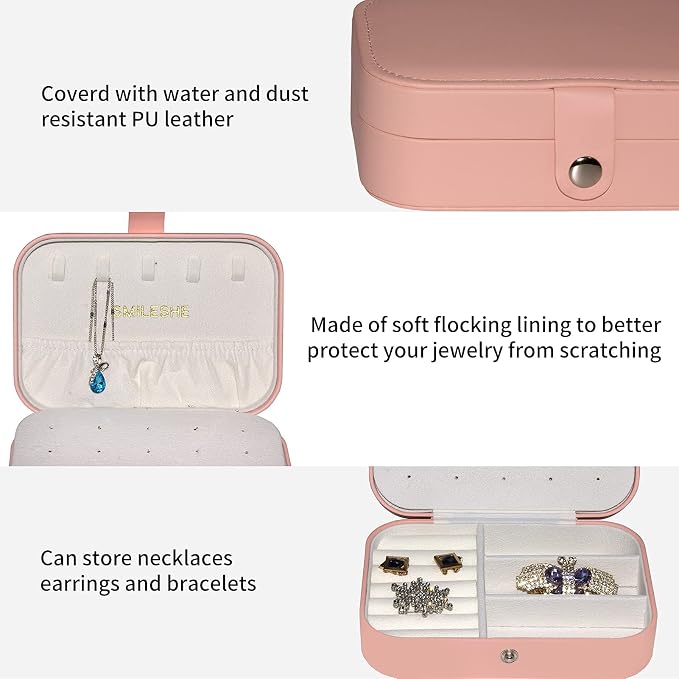 Smileshe Jewelry Box, PU Leather Small Portable Travel Case, 2 Layers Organizer Display Storage Holder Box for Rings, Earrings, Necklaces, Bracelets - Image 2