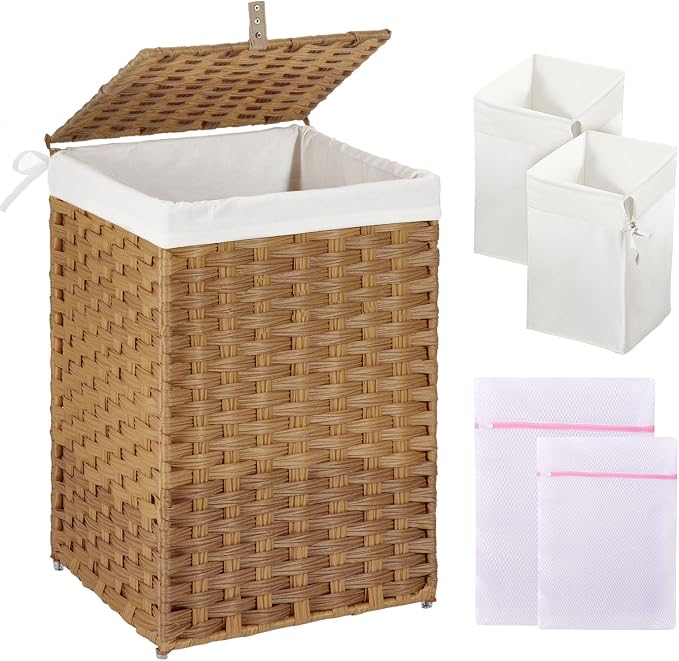 GREENSTELL Laundry Hamper with Lid, 60L Clothes Hamper with 2 Removable Liner Bags & 2 Mesh Laundry Bags, Handwoven Synthetic Rattan Laundry Basket for Clothes, Toys in Bathroom, Bedroom Natural by Greenstell
